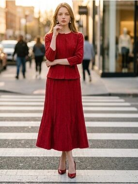 LAFAYETTE 148 Pleated Skirt Fluted Midi Red Flare Structured Lightweight NWOT 8